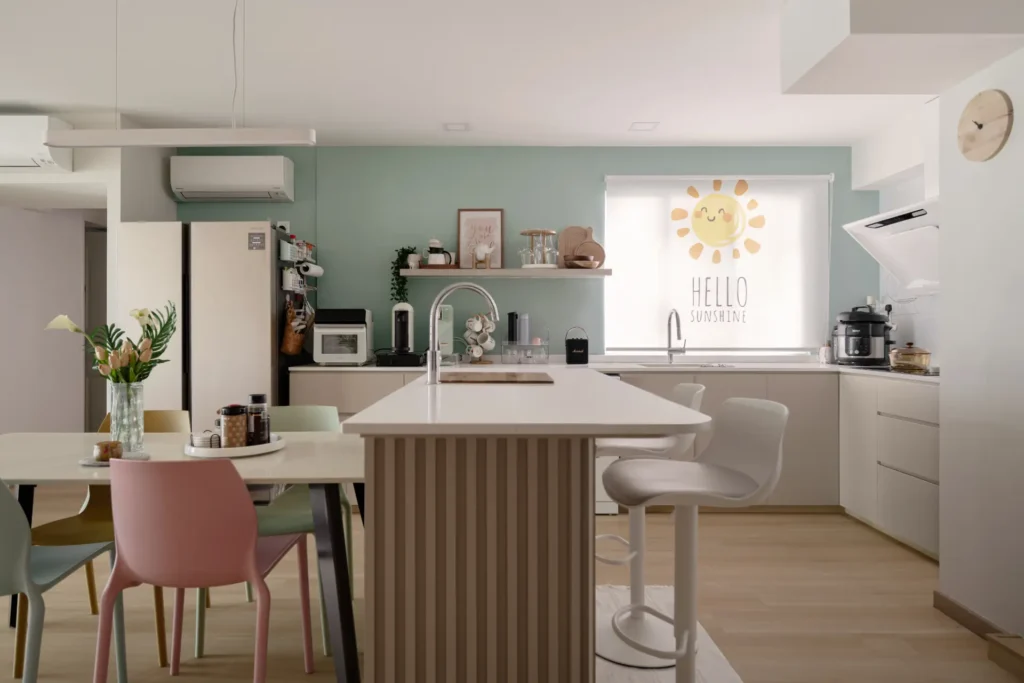 Sleek nordic colourful minimalist open concept kitchen