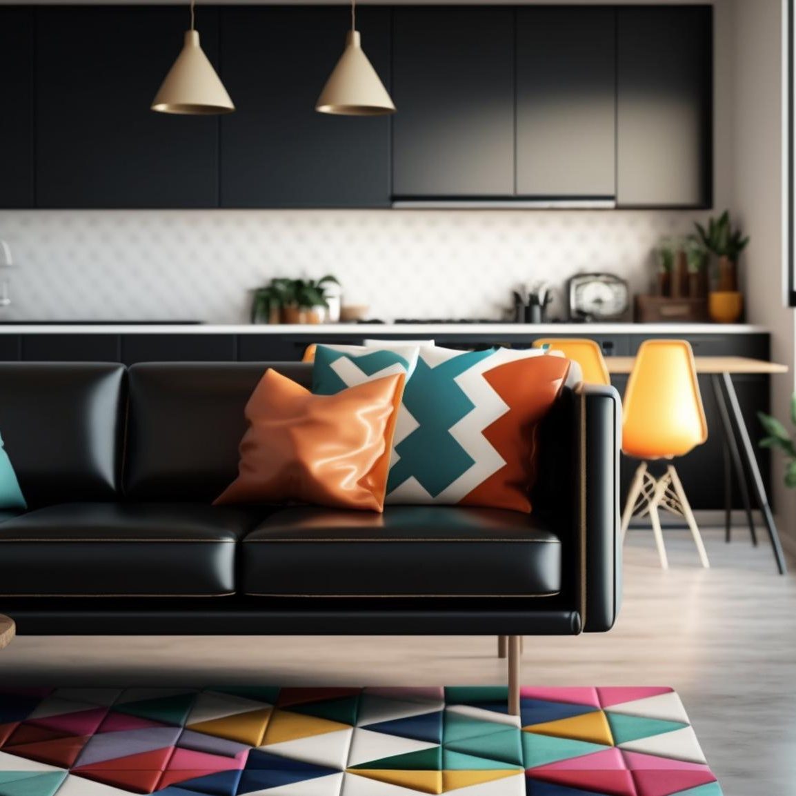 living-room-with-black-couch-colorful-rug-with-black-kitchen-island-background